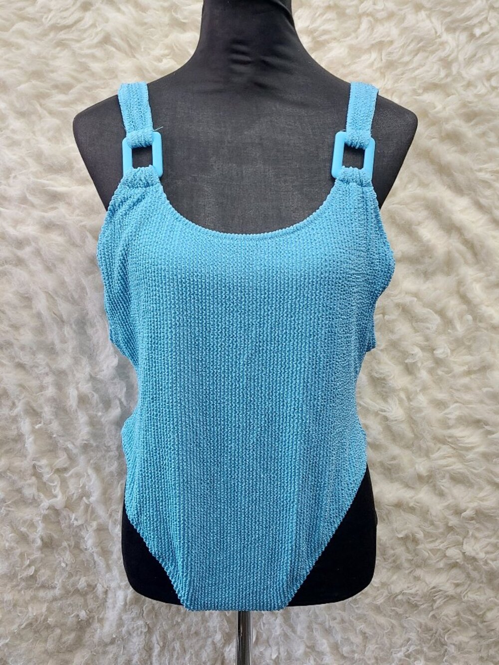 Aerie One Piece Swimsuit Blue Textured Cheekiest Ring Detail UPF 50 Size XL